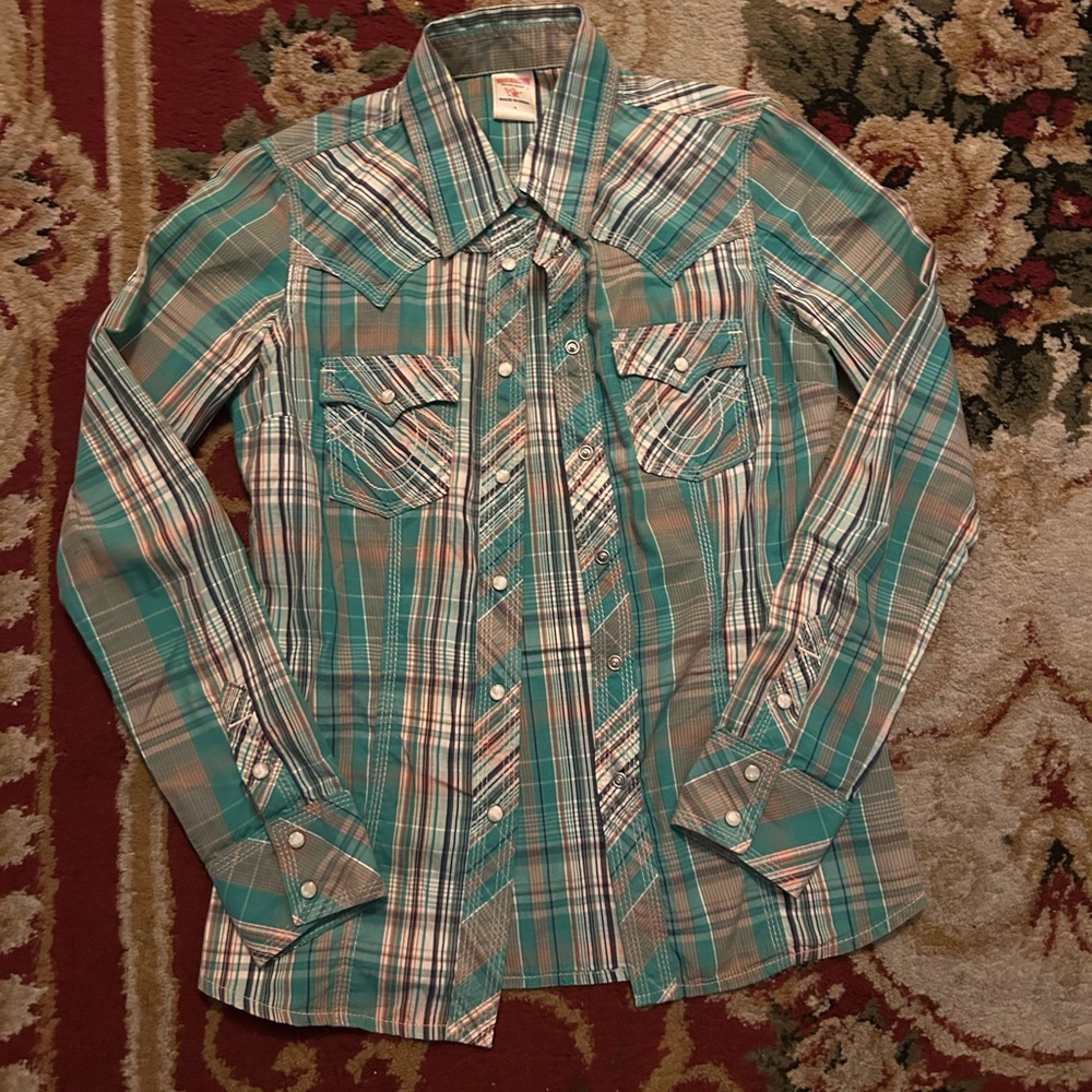 True Religion Teal and Brown Plaid Shirt